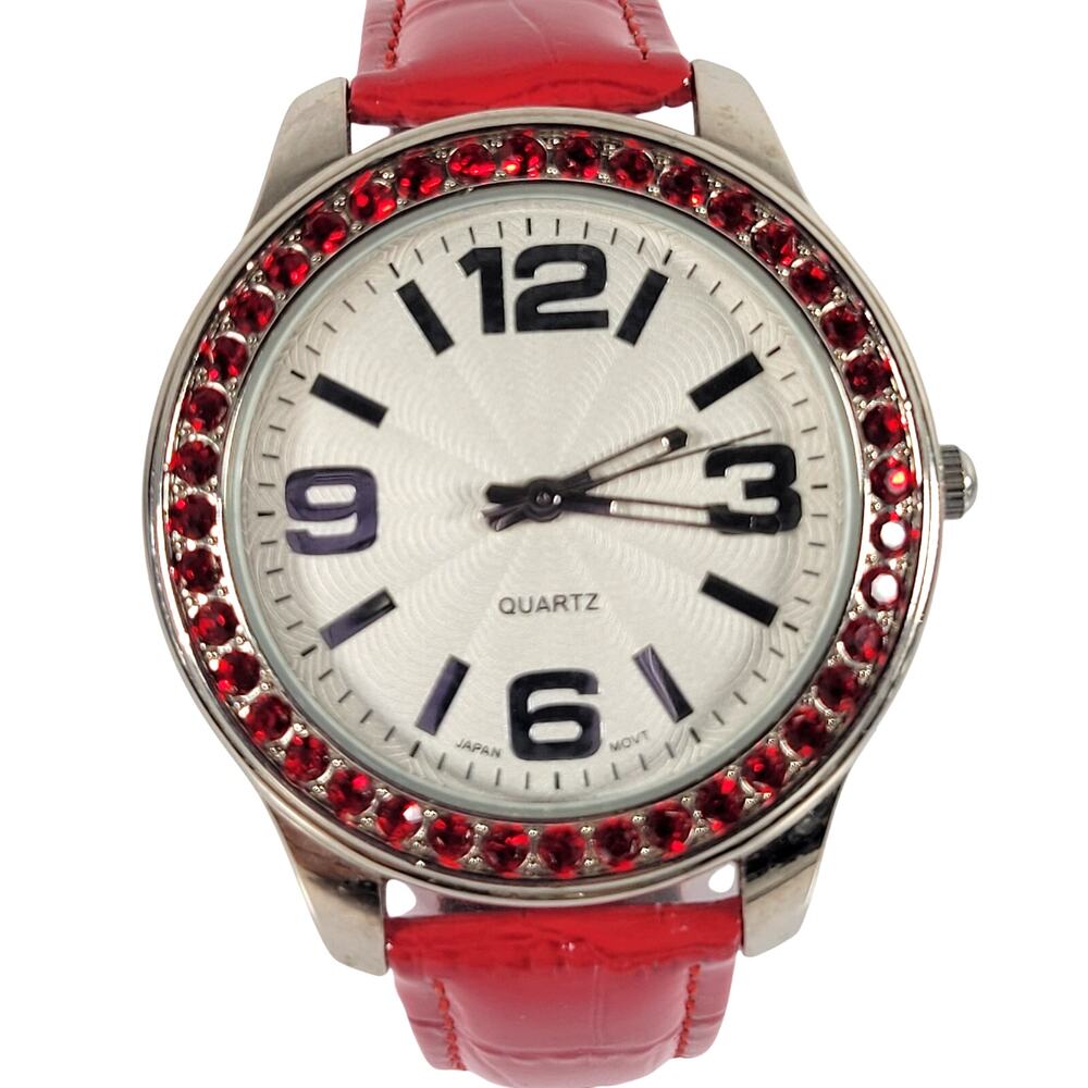 Red Crystal Bezel Quartz Watch with Leather Strap, Analog Display, 40mm Case